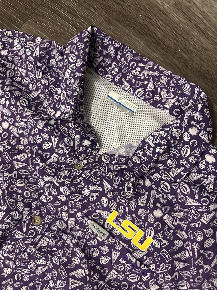 Columbia PFG LSU Tigers Purple Short Sleeve Button-Down Shirt Mens Size M print