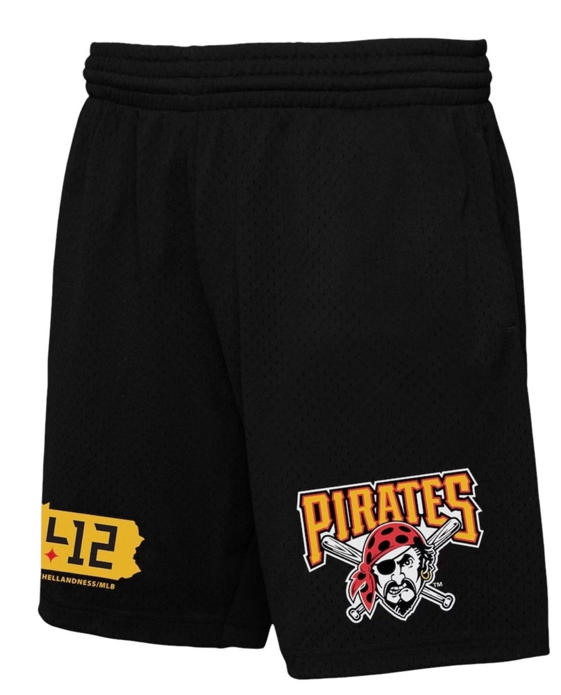 Men&rsquo;s Pittsburgh Pirates Mitchell & Ness x 412 Black Team Origins Mesh Shorts