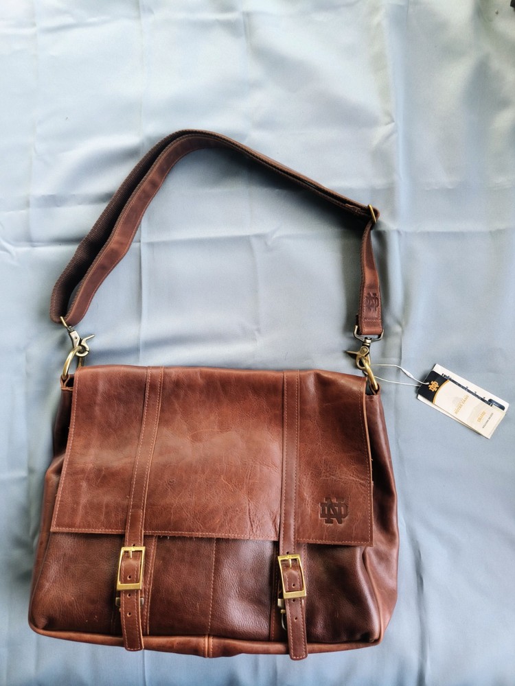 New Notre Dame Fighting Irish Brown Leather Messenger Bag Laptop Satchel NWT
