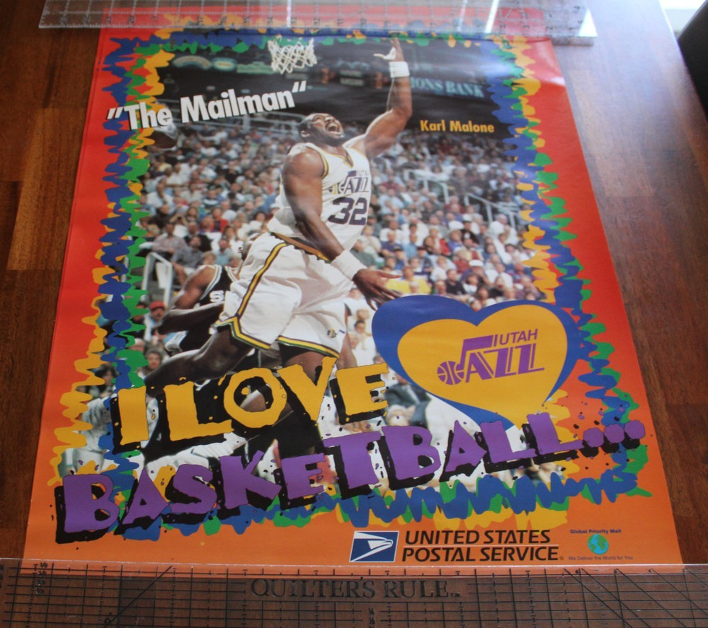 Vintage 1993 « The Mailman » Karl Malone Utah Jazz I LOVE BASKETBALL Poster 19×24