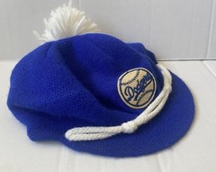VTG CHILD 22.5” Dodgers Baseball Script Logo MLB Knit Hat Blue Newsboy Brim Pom