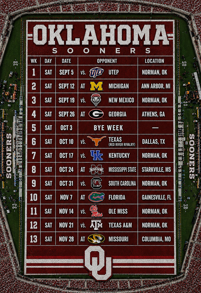 Oklahoma Sooners 2026 Football Schedule Poster Multiple Size Avail. V2 Sooners