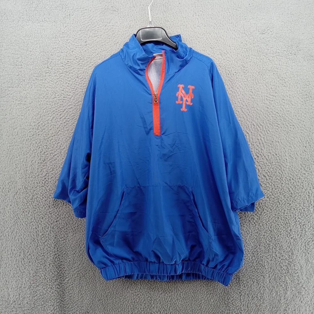 NY Mets Shirt Mens Large Blue 3/4 Sleeve 1/2 Zip Mesh Lined Pullover Windbreaker
