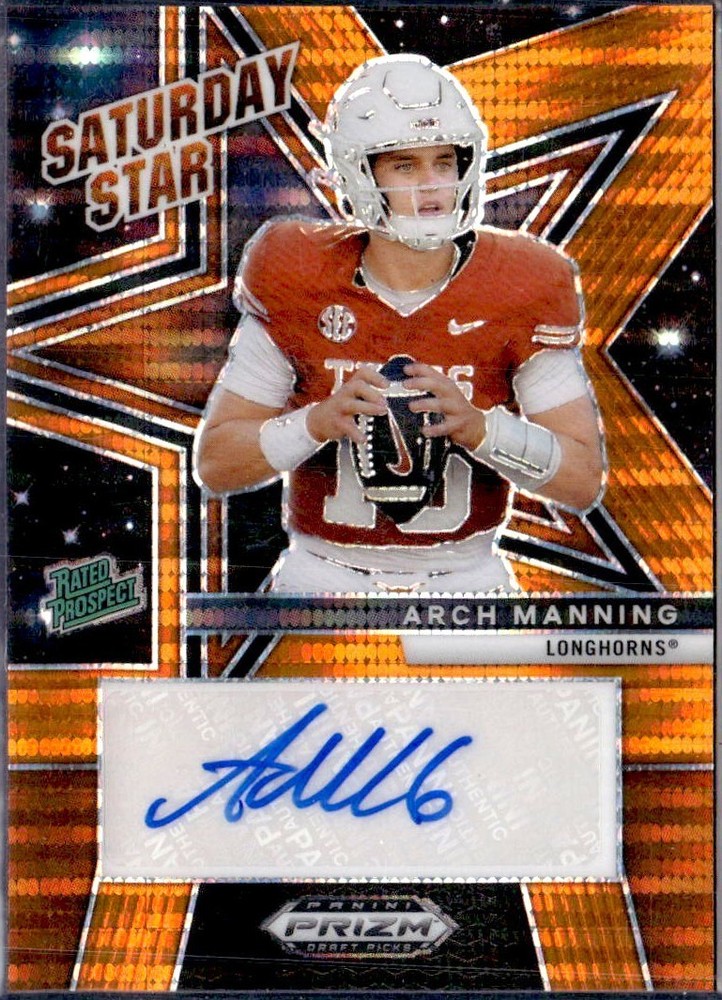 ARCH MANNING RC 2025 PRIZM DRAFT ORANGE PULSAR SATURDAY STAR ROOKIE AUTO 14/35