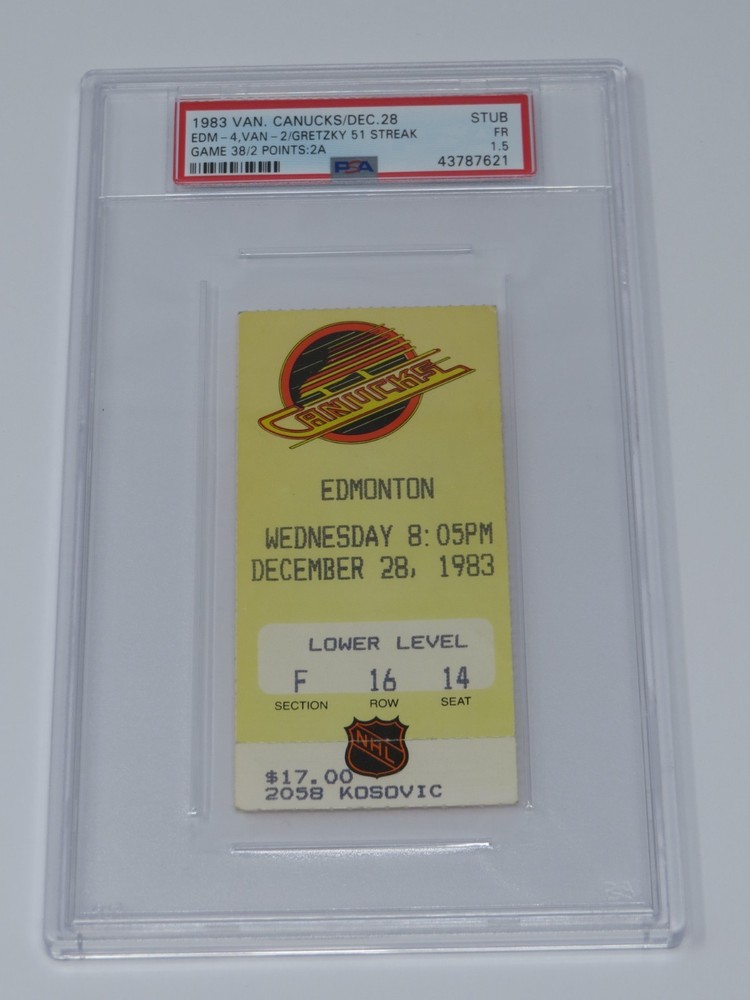 12/28/83 Edmonton Oilers Canuck Hockey Ticket Wayne Gretzky Game 38 Point Streak