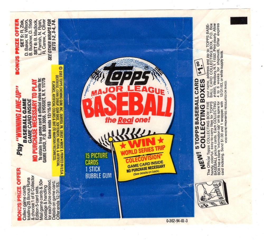 1983 TOPPS BASEBALL CARD WRAPPER – EMPTY – COLLECTING BOX VAR FREE SHIP