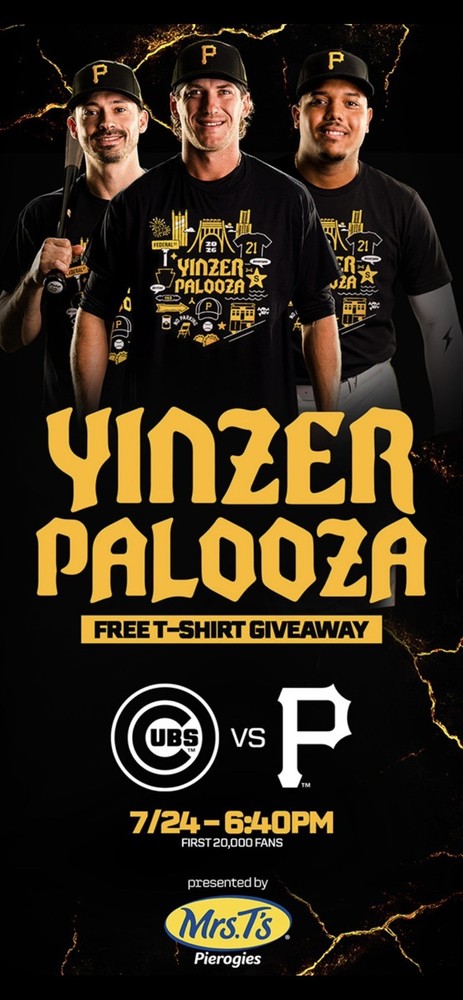 Pittsburgh Pirates Yinzerpalooza T-Shirt Adult XL SGA 7/24/26 New