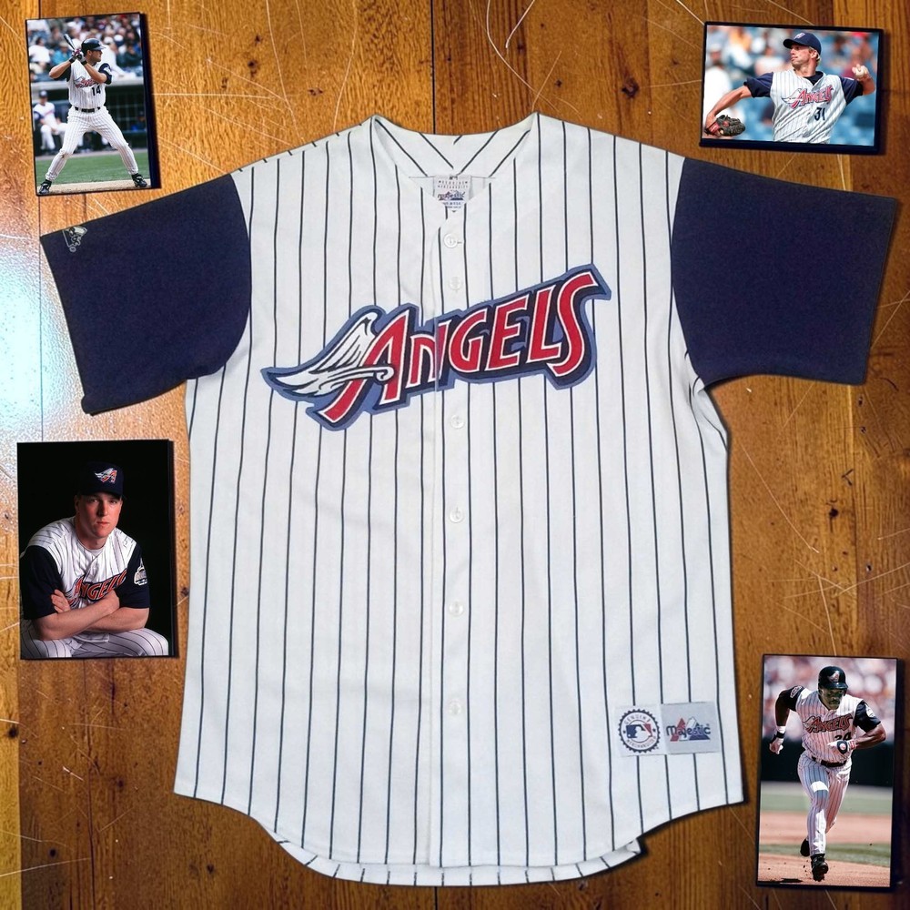 RARE VTG 1997-01 Anaheim Angels Pinstripes Baseball Jersey Majestic USA Made SzM