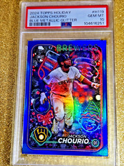 2024 Topps Holiday Blue Metallic Glitter RC Jackson Chourio Rookie H119 PSA 10💥