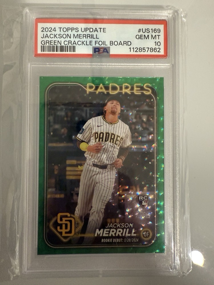 2024 Topps Update GREEN CRACKLE FOILBOARD Jackson Merrill #169 RC /499 PSA 10