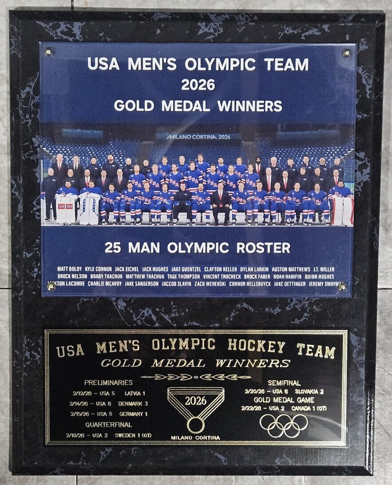 2026 U.S. MENS HOCKEY TEAM OLYMPIC GOLD MEDAL CHAMPIONS 12X15 PLAQUE With Roster