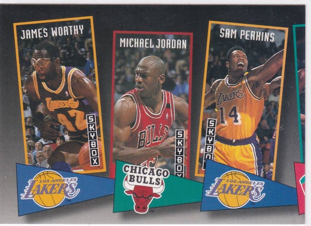 1992-93 Skybox – School Ties Michael Jordan, James Worthy, Sam Perkins #ST16