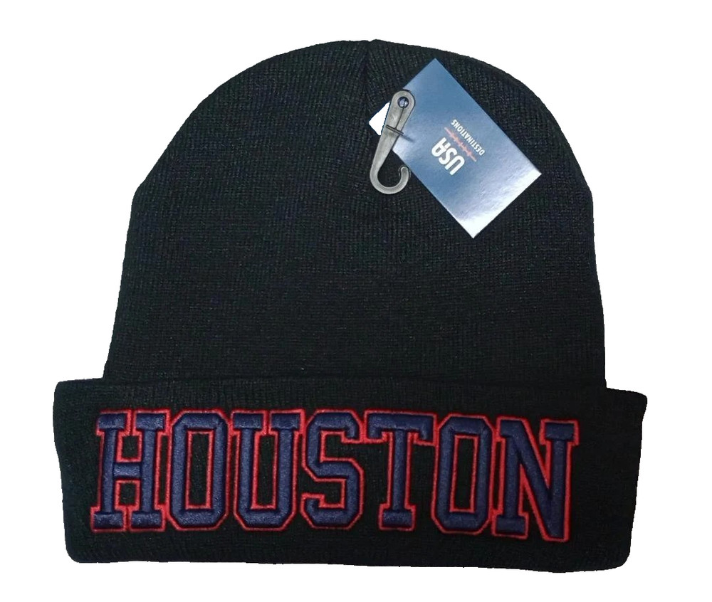 Houston Team Color Red and Navy Blue 3D Embroidered Black Beanie/Hat