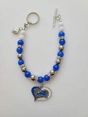 Detroit Football Bracelet Lions Jade & Hematite Gemstone Rhinestone Silver Clasp