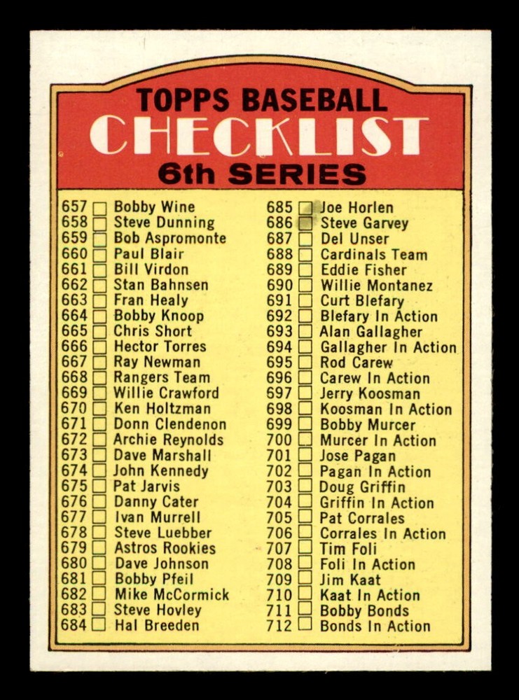 1972 Topps Baseball #604 6th Series Checklist (657-787) NM *d17
