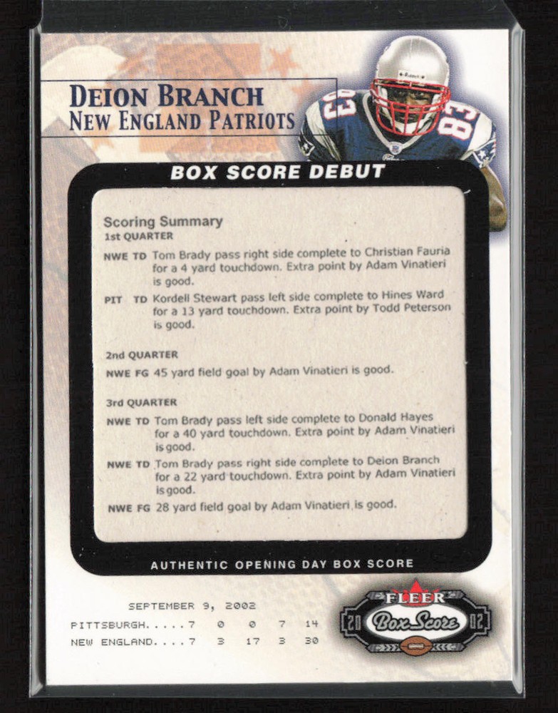 2002 Fleer Box Score #4 BSD Deion Branch Debuts #/2002
