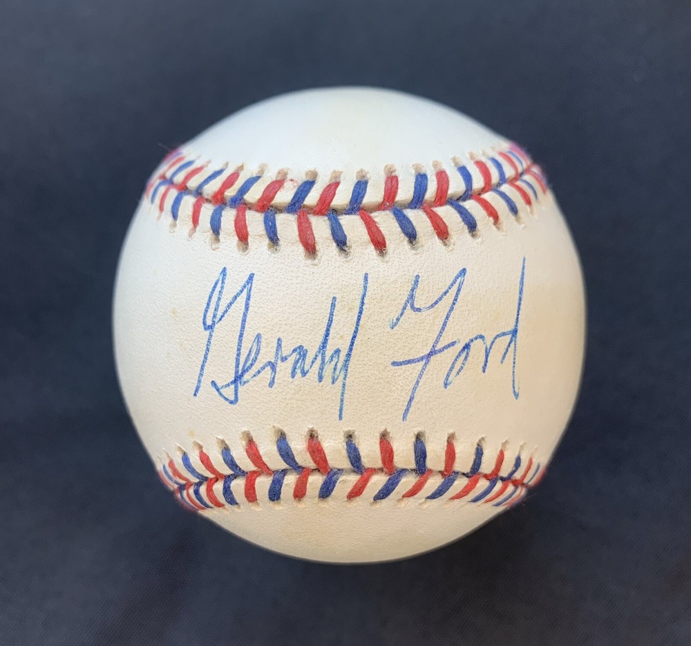 President Gerald Ford single signed 1984 Olympic baseball PSA LOA