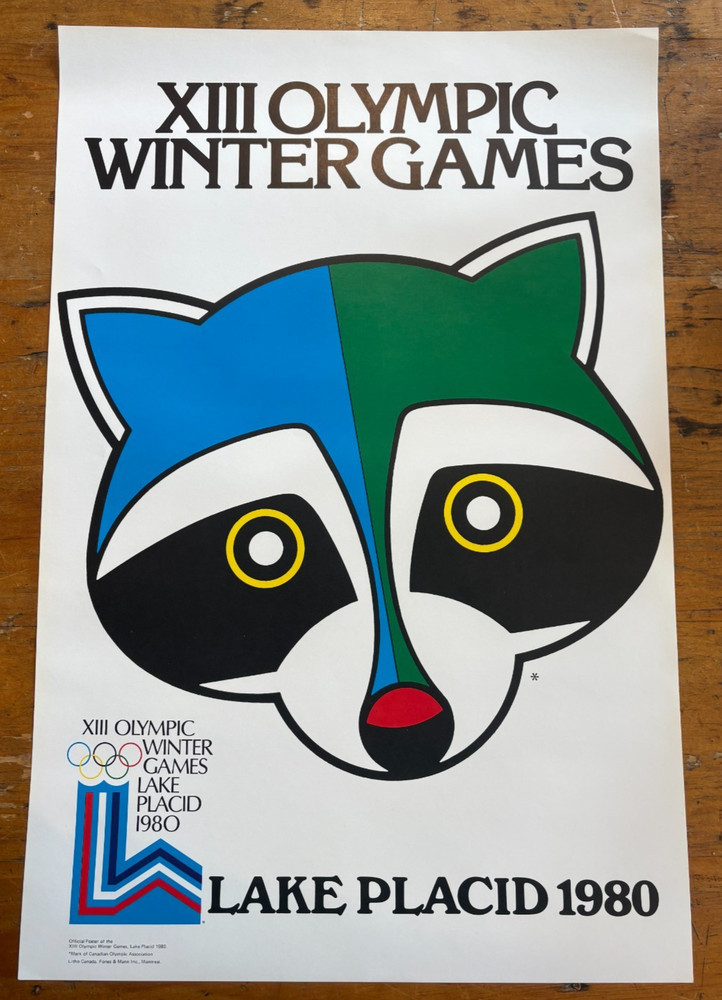 ORIGINAL VINTAGE 1980 Winter Olympics Poster -Lake Placid Roni Raccoon