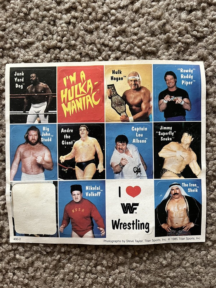1985 Titan Sports Sticker Sheet. Vintage WWF. Hulk,Piper,Snuka,Sheik,Andre,JYD