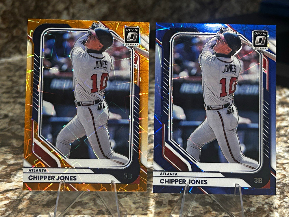 Chipper Jones 2-Card Lot 2026 Donruss Optic #85 Orange & Blue Velocity Prizms