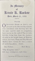 KNUTE ROCKNE 3/31/31 FUNERAL PRAYER CARD 2-1/2 X 4-1/4 COLLEGE COACH PLAYER COA