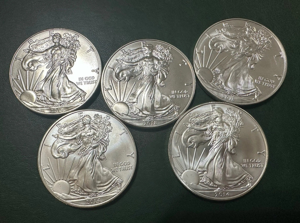 Lot of 5 -American SiIver Eagle BU – Random Year – US Mint