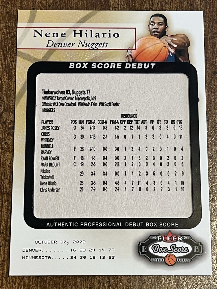 NENE HILARIO 2002-03 Fleer Box Score Box Score Debuts #BSD 14 NUGGETS #1727/2002