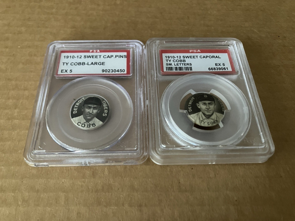(2) 1910-12 Sweet Caporal Ty Cobb Pins PSA Certified LG & SM LTRS EX 5 -Tigers