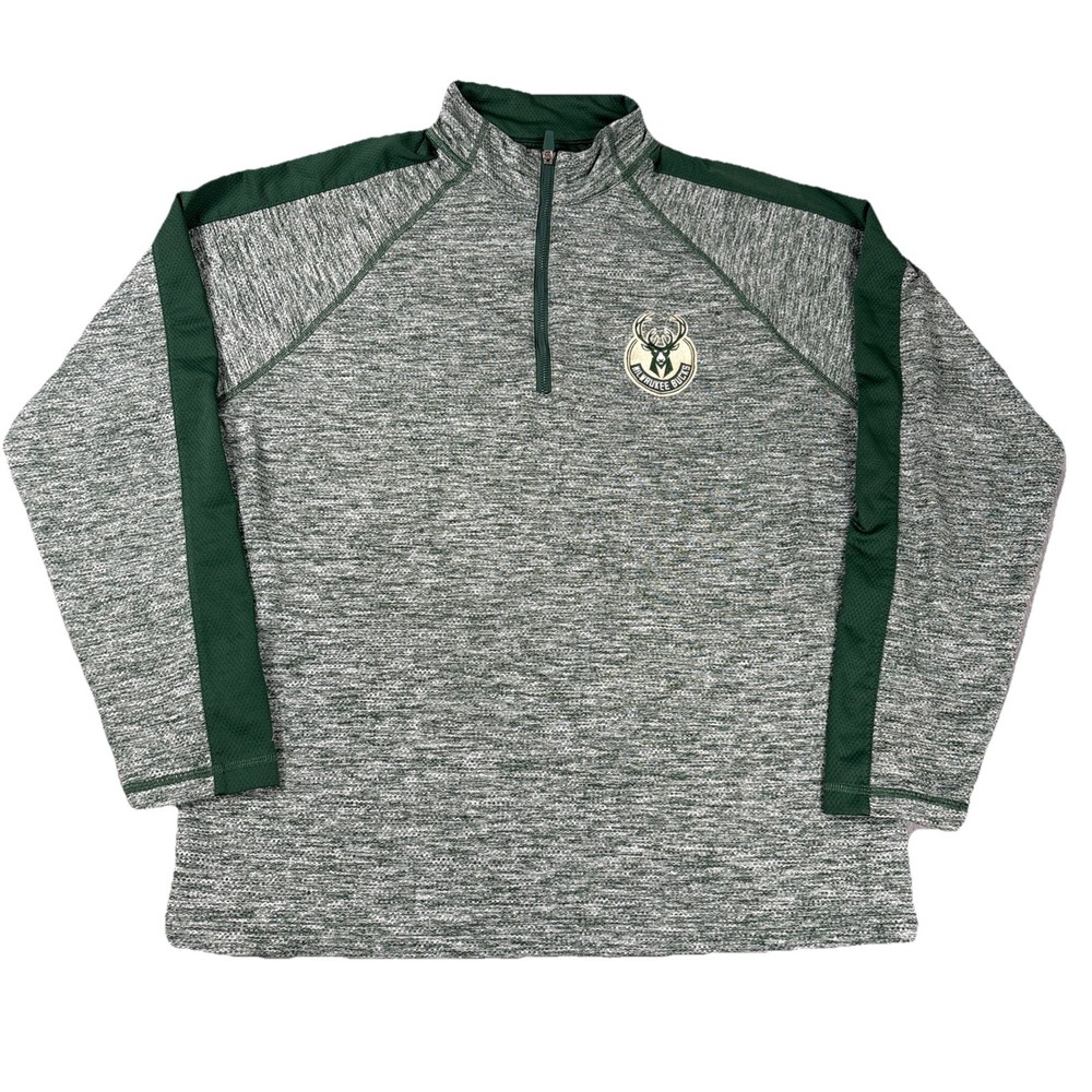 Antigua brand Milwaukee Bucks heather gray and green 1/4 zip pullover NBA Mens L