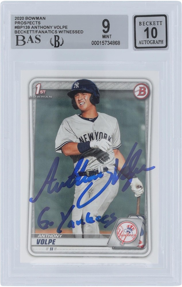 Anthony Volpe Yankees Signed 2020 Bowman Prospects 1st #BP-139 BAS 9/10 w/Insc
