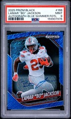 LAMAR « BO » JACKSON 2025 Prizm Black AUTOGRAPH-BLUE SHIMMER FOTL #/15 PSA 9