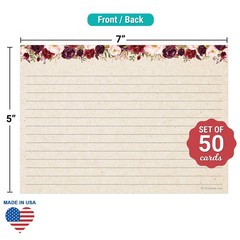 321Done Ruled Index Cards Large 5×7 Set of 50 Red Roses on Tan