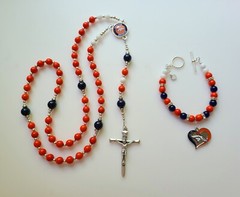 Denver Broncos Rosary Necklace Football Orange Navy Blue and White Gemstones