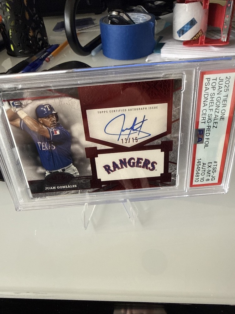 2025 Topps Tier One Juan Gonzalez Tops Shelf Auto /15 #TSS-JG Rangers Red Foil
