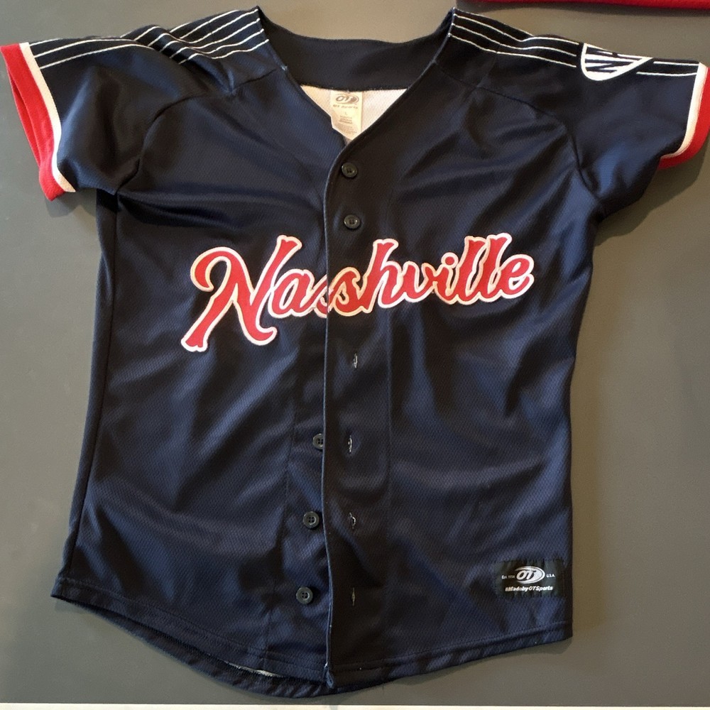 OT Sports Nashville Youth L Baseball Jersey Button Front Navy Red White