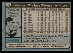 1980 Topps Mickey Rivers #485 Texas Rangers MLB Baseball Base Set