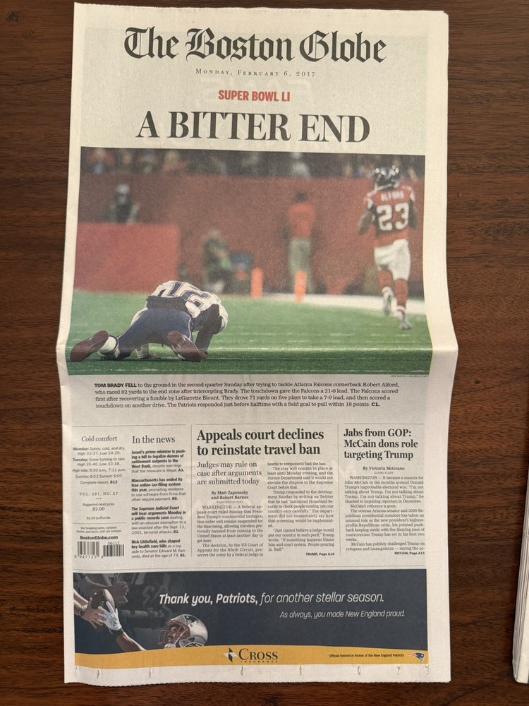 A Bitter End – Super Bowl LI Boston Globe Misprint Newspaper