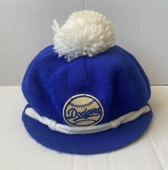 VTG CHILD 22.5” Dodgers Baseball Script Logo MLB Knit Hat Blue Newsboy Brim Pom