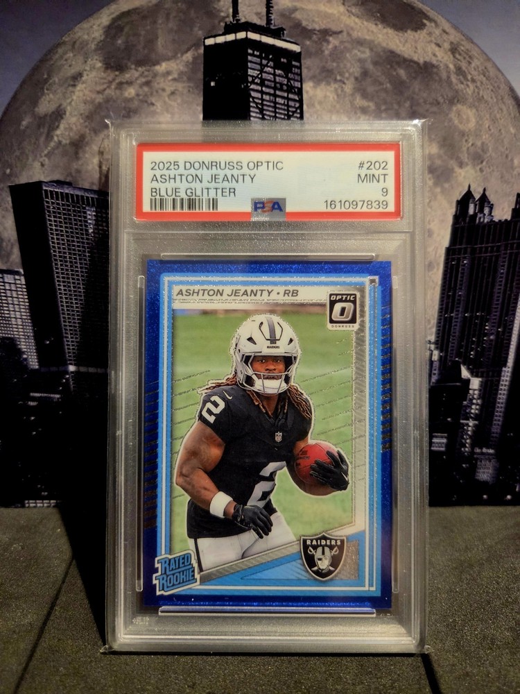 2025 DONRUSS OPTIC ASHTON JEANTY #202 BLUE GLITTER SP PSA 9 RATED ROOKIE RC