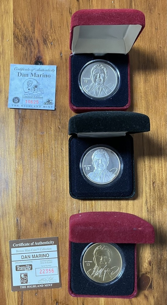 Dan Marino 3 Coin Lot – Nickel Bronze & One Troy Ounce Silver Highland Mint Coin