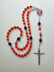 Denver Broncos Rosary Necklace Football Orange Navy Blue and White Gemstones