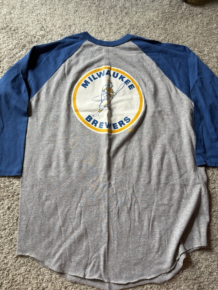 Milwaukee Brewers Shirt Men XL Barrel Man Logo Gray Blue 3/4 Sleeve MLB Baseball