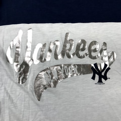 New York Yankees Shirt Womens Large Blue White 3/4 Sleeves MLB Baseball Tee Top