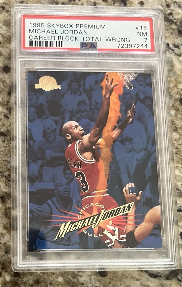 1995-96 Skybox Premium Michael Jordan #15 Error Card Career Block Total – PSA 7
