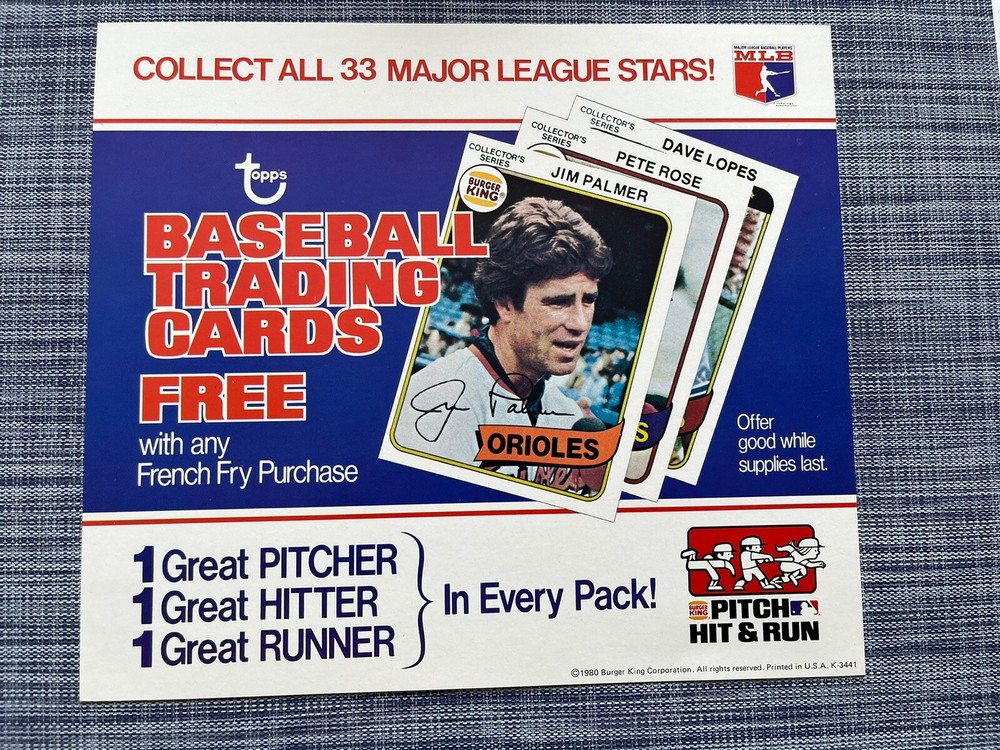 1980 TOPPS BURGER KING AD DISPLAY Sign PITCH HIT + RUN JIM PALMER PETE ROSE
