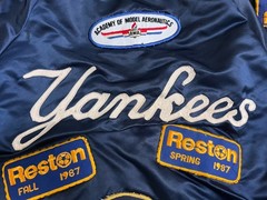 NY Yankees 80s Vintage Athletic Jacket Blue Satin Bomber Varsity Patches XS XXS