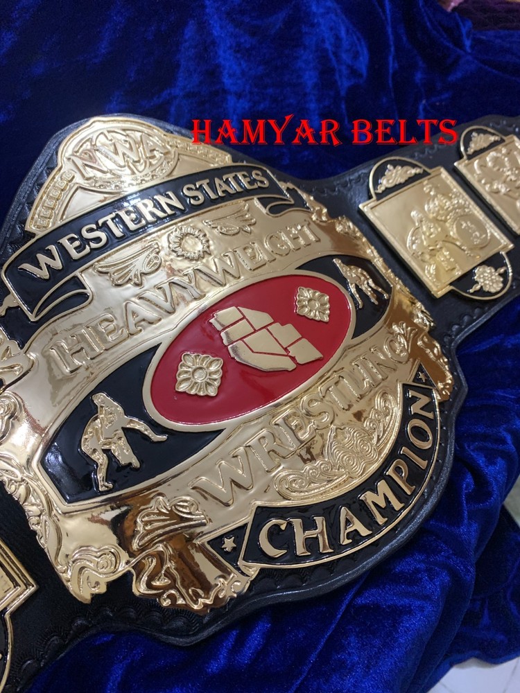 NWA Western States Championship Belt ,4mm Zinc, Gold Plated, Cow Leather strap