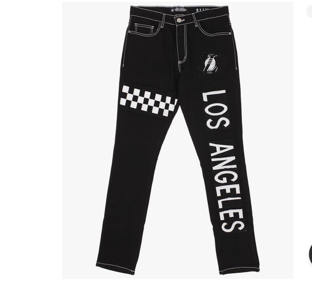 FISLL NBA Men&rsquo;s Los Angeles Lakers Denim Jeans with Checkered Pattern, Black