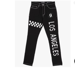 FISLL NBA Men&rsquo;s Los Angeles Lakers Denim Jeans with Checkered Pattern, Black