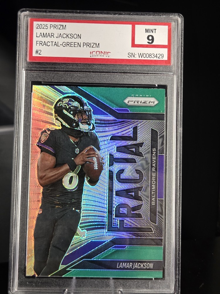 2025 Panini Prizm Lamar Jackson Fractal Green Prizm (Card #2) Iconic Graded 9